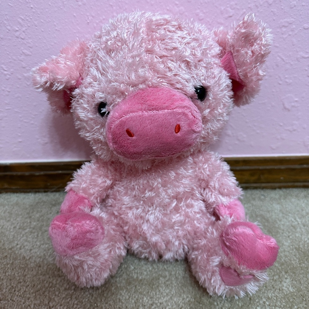 Way to Celebrate Pink Valentines Plush Pig 10” Heart Foot Fuzzy Sitting
